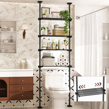 over the Toilet Storage Shelf, 4 Tier Bathroom Organizer Shelves with 64-124Inch(H) 15-27Inch(W) Adjustable No Drilling Tension Mounting, Black Space Saver Bathroom Shelf Rack above Toilet