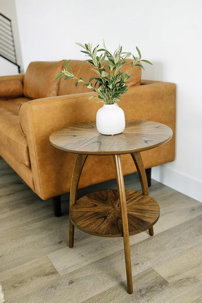 Retro Mid-Century Modern round Wood End Table, Solid Grain Side Table with Lower Shelf, Small Accent Table for Living Room or Nightstand. Nutmeg Brown.