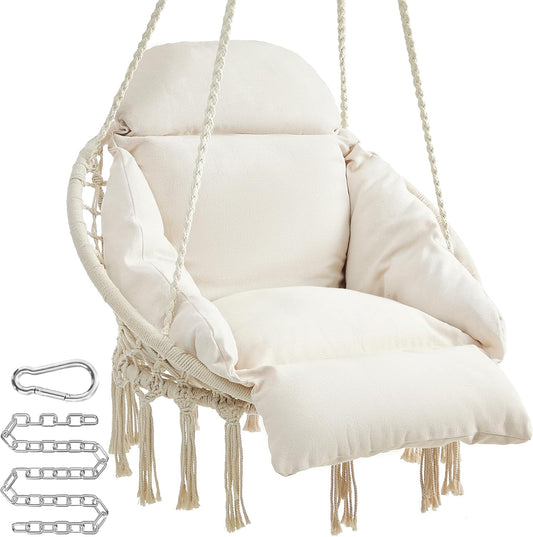 Hanging Chair, Hammock Chair with Large, Thick Cushion, Boho Swing Chair for Bedroom, Patio, Balcony, Garden, Holds up to 264 Lb, Accessories Included, Cream White UGDC042M01