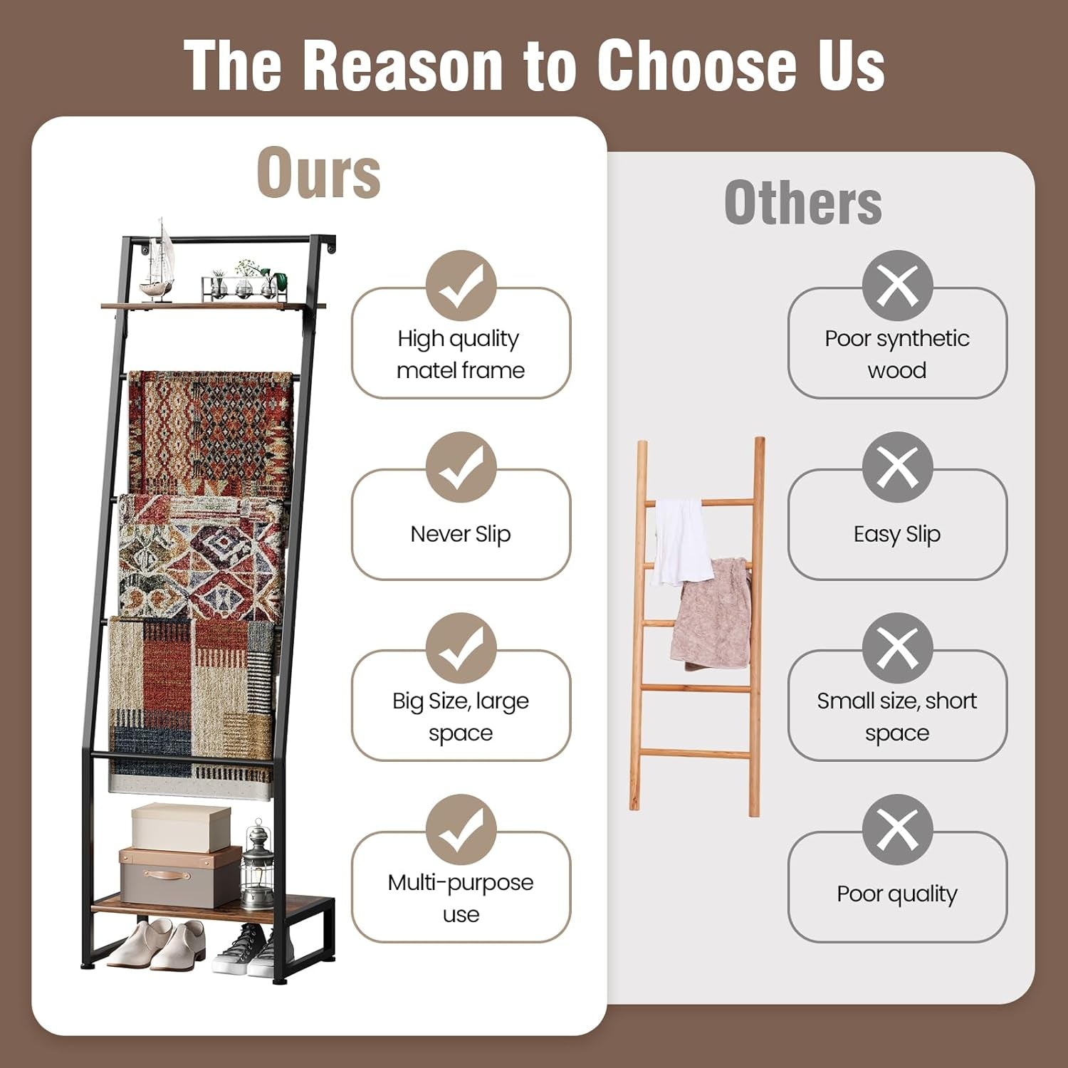 Blanket Ladder with Shelf, 6 Layer Wall-Leaning Blanket Rack, Farmhouse Blanket Shelf for Storage and Home Decor, Freestanding Rack for Bathroom, Rustic Brown and Black