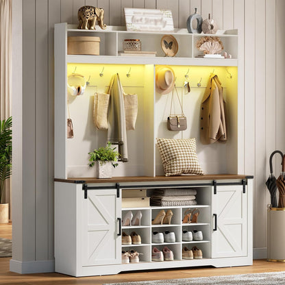 58" Farmhouse Hall Tree with Bench and Shoe Storage, 5-In-1 Entryway Bench with Coat Rack, 9 Shoe Cubbies & 12 Hooks, Led Lights and Adjustable Shelves & Barn Doors, Entryway Storage, White and Walnut
