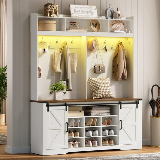 58" Farmhouse Hall Tree with Bench and Shoe Storage, 5-In-1 Entryway Bench with Coat Rack, 9 Shoe Cubbies & 12 Hooks, Led Lights and Adjustable Shelves & Barn Doors, Entryway Storage, White and Walnut