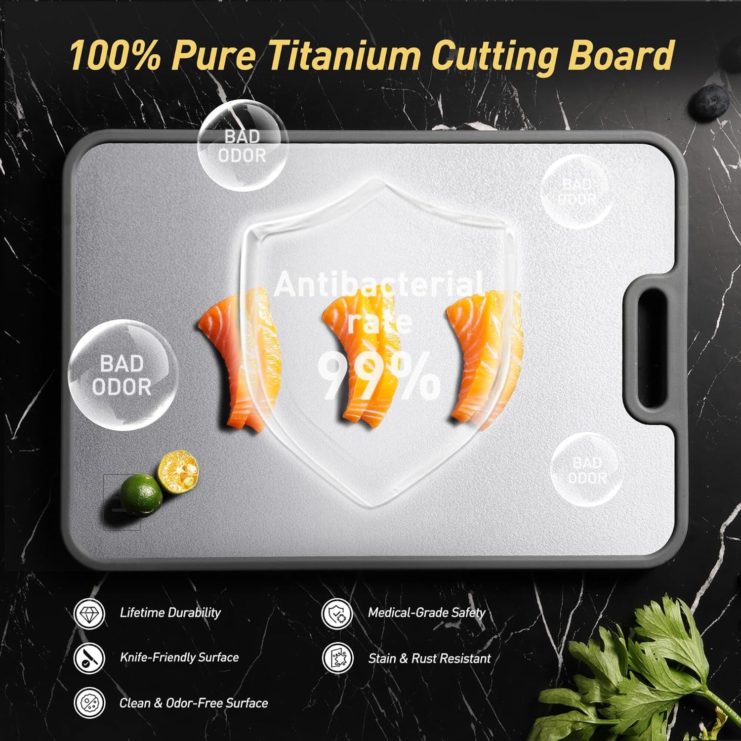 2 in 1 Pure Titanium Cutting Boards for Kitchen Non Toxic Chopping Board with Handle Large Big Small Kitchen Meat Butcher Block Not Stainless Steel Wood Bamboo Plastic Silicone Acrylic Teak Sink