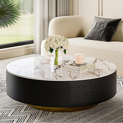Modern Drum Coffee Table with Storage, Sintered Stone Top round Coffee Table with Drawers, Oak Veneer, Fully Assembled, 39.37"