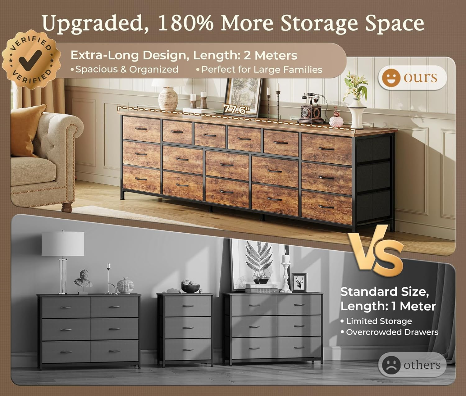 77.6" Long Dresser for Bedroom, 16 Drawer Fabric Dresser for Closet, Wide Chest of Drawers with Storage, TV Stand for 65, 75, 85 Inch TV, 77.6" W X 12.9" D X 26.7" H, Rustic Brown