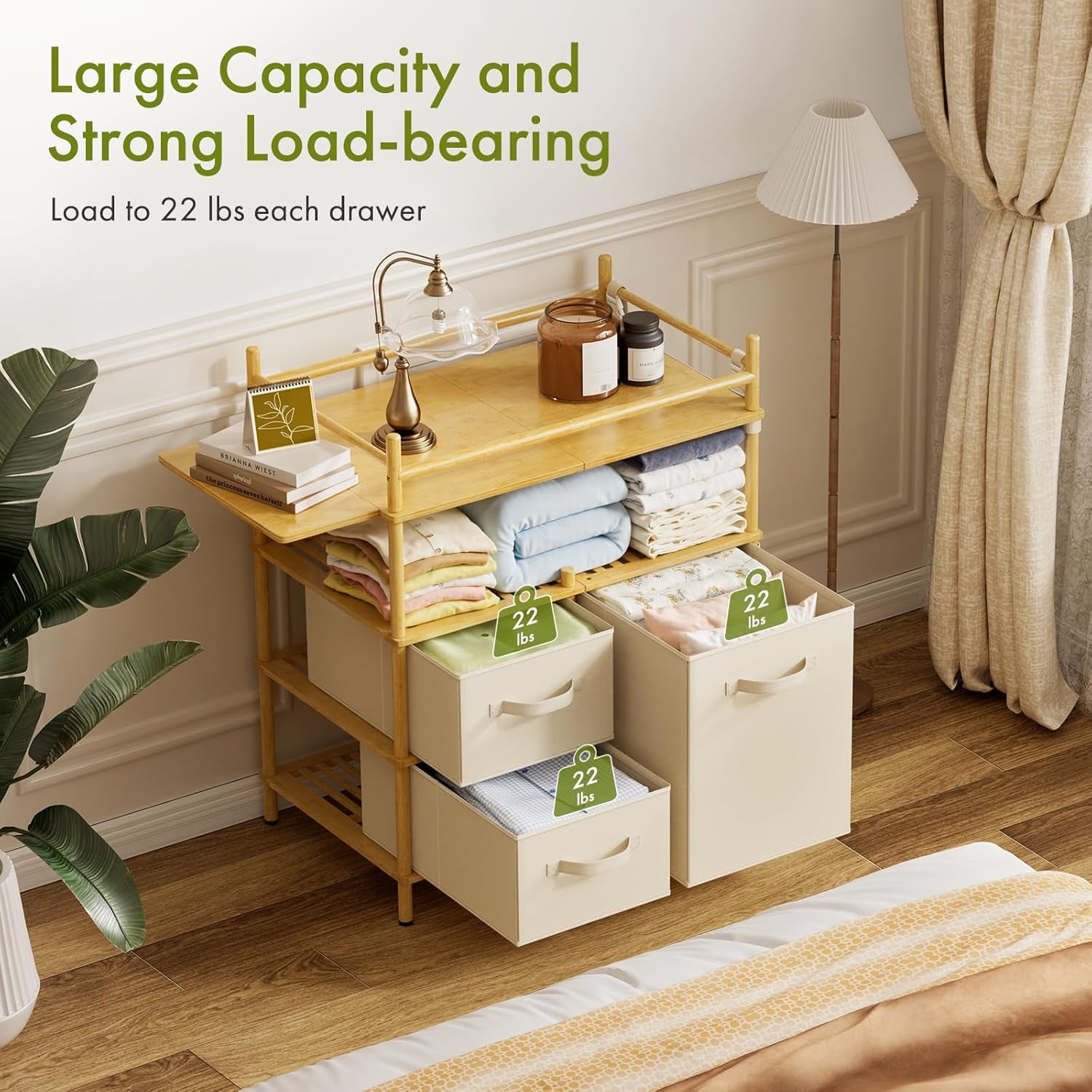 Baby Changing Table, Bamboo Diaper Changing Station with 3 Removable Storage Drawers, Baby Dresser Table with Flat Top, Large Storage Nursery Organizer Shelves with Pad, Mesh Pocket