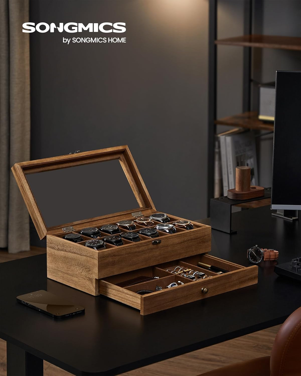 Watch Boxes Bundle, 12-Slot Watch Case, 2-Tier Watch Display Case, with Large Glass Lid, Solid Wood Watch Box Organizers, Gift for Loved Ones, Rustic Walnut UJOW120K01 and UJOW012K01