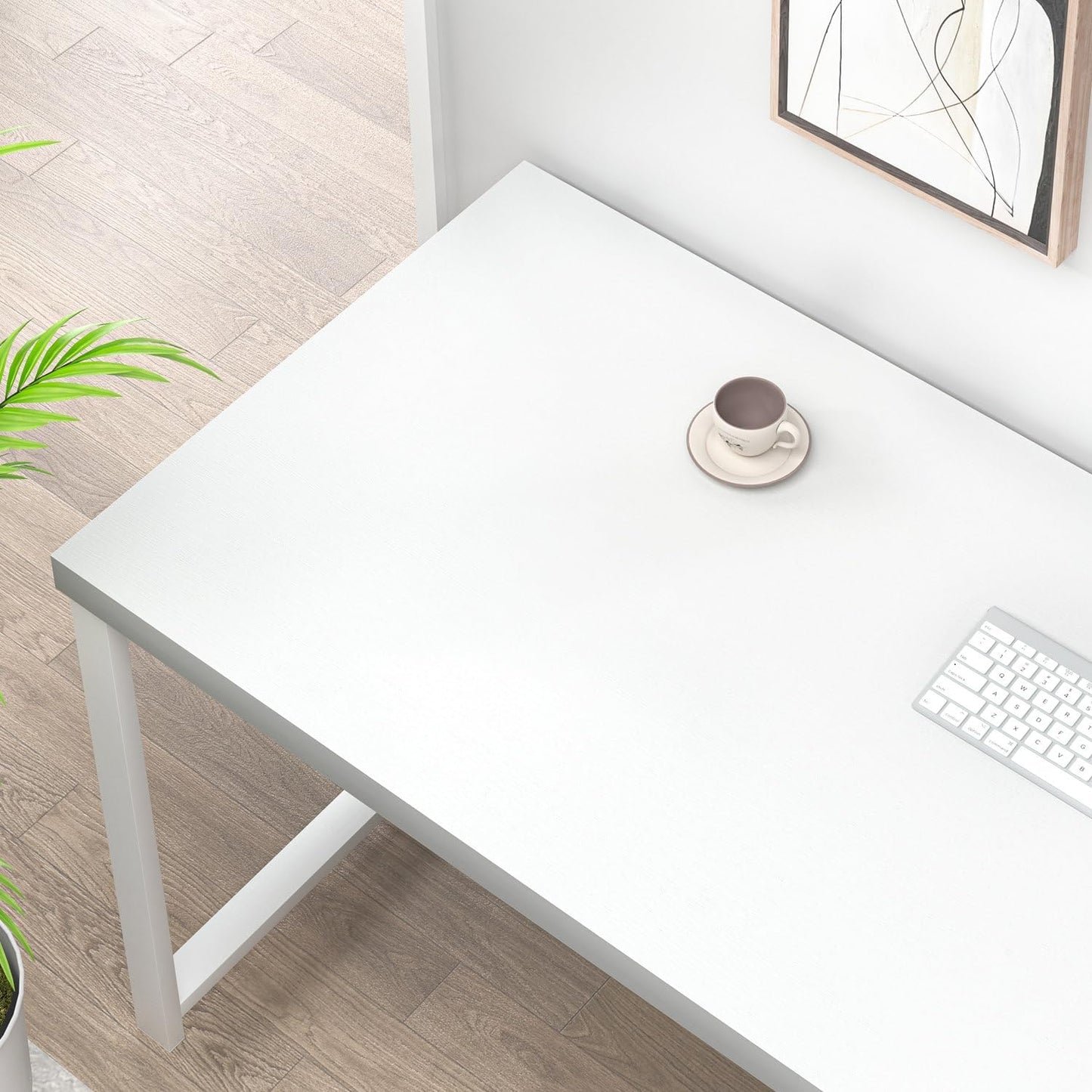 White Computer Desk, Modern Home Office Desk with Storage Shelf, Wood and Metal Writing Study Table for Living Room Bedroom, 53 Inch