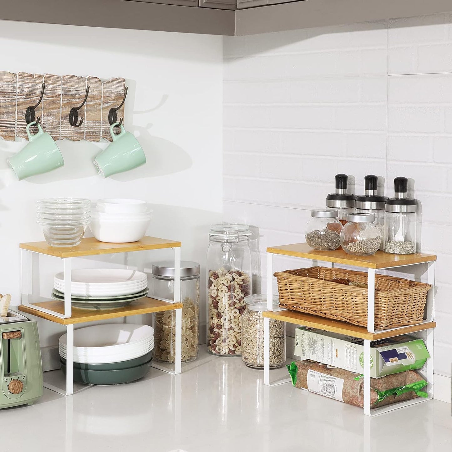 Cabinet Organizer Shelf, Set of 4 Kitchen Counter Shelves, Kitchen Storage, Spice Rack, Stackable, Expandable, Metal and Engineered Wood, Cloud White and Natural Beige UKCS010N01