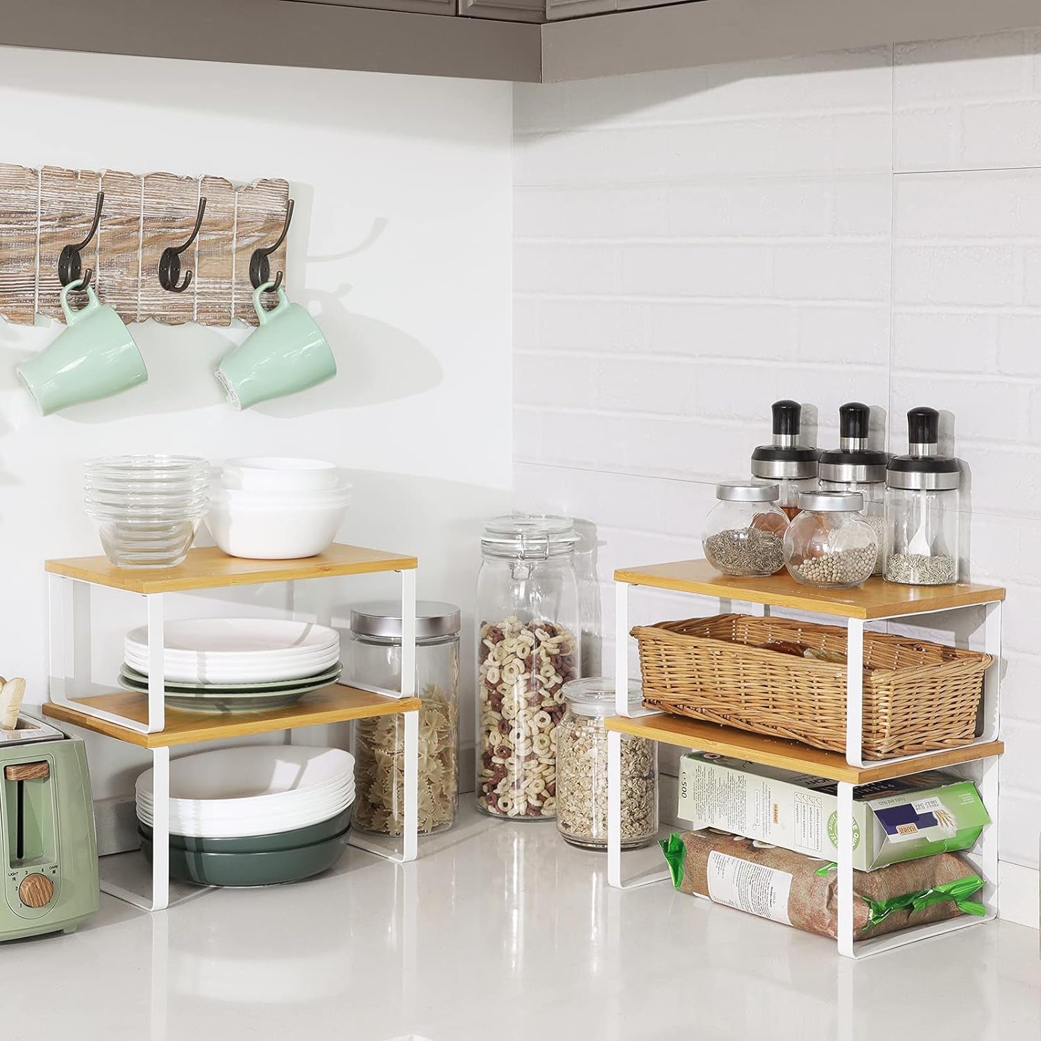 Cabinet Organizer Shelf, Set of 4 Kitchen Counter Shelves, Kitchen Storage, Spice Rack, Stackable, Expandable, Metal and Engineered Wood, Cloud White and Natural Beige UKCS010N01