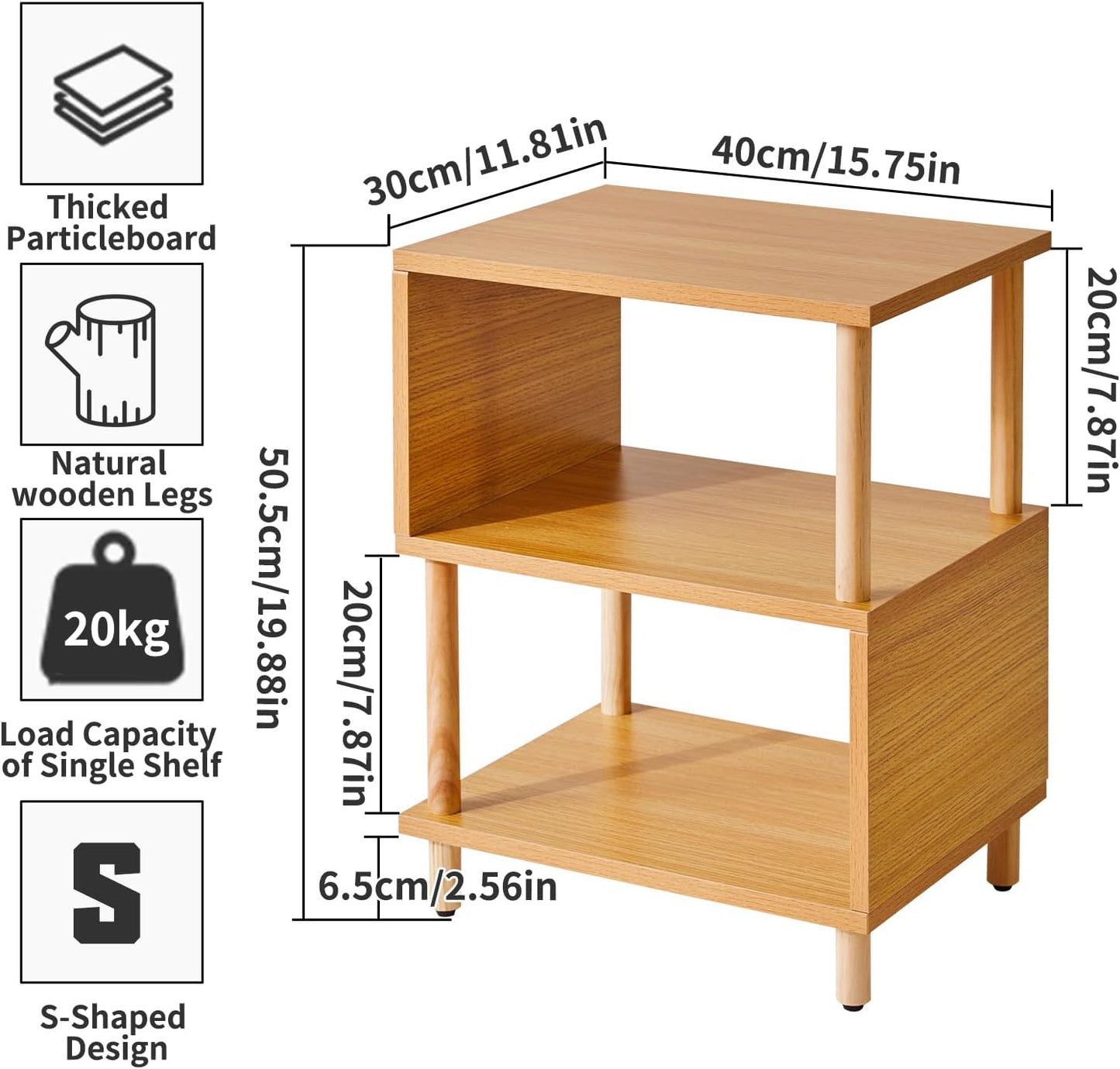 Wooden Night Stand with Open Shelf, Nightstand with Solid Wood Legs, S-Shaped Bed Side Table 3 Tier, End Table Natural Wood YD-TM152N