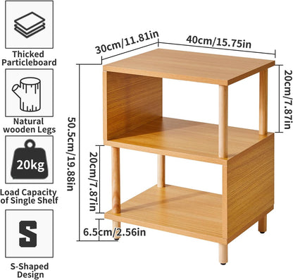 Wooden Night Stand with Open Shelf, Nightstand with Solid Wood Legs, S-Shaped Bed Side Table 3 Tier, End Table Natural Wood YD-TM152N