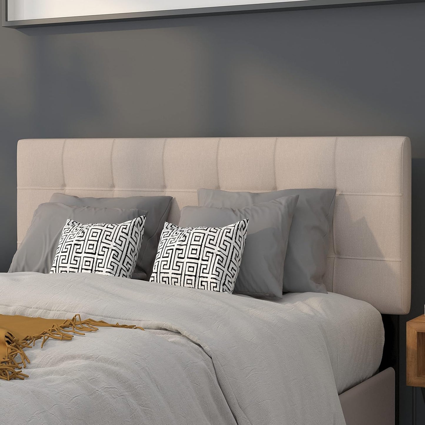 Bedford Box Stitch Tufted Upholstered Full Size Headboard in Beige Fabric