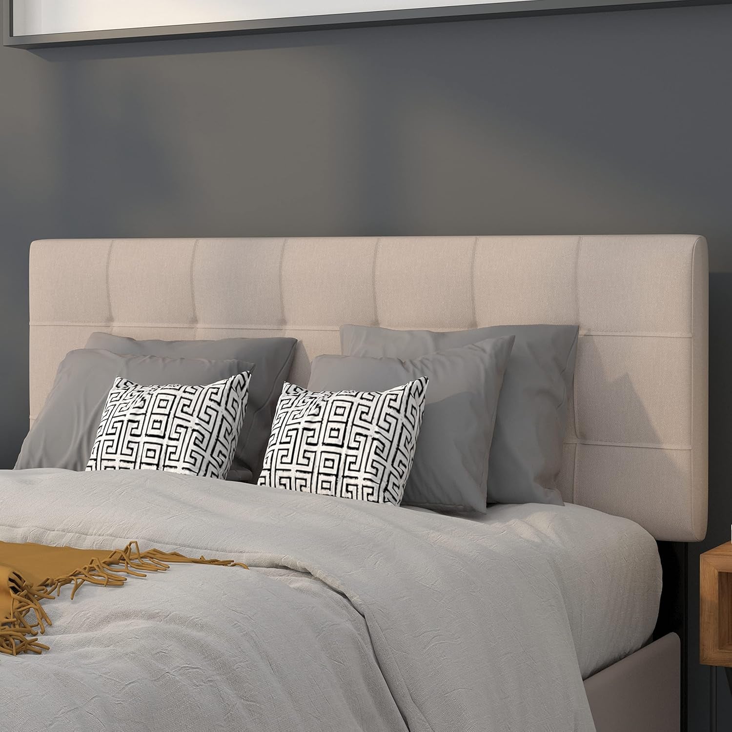 Bedford Box Stitch Tufted Upholstered Full Size Headboard in Beige Fabric