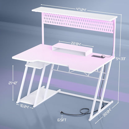 Gaming Computer Desk with Power Outlets, Gaming Desk with Hutch and LED Lights, Reversible PC Gaming Desk with Pegboard, Carbon Fiber Pink, 47"