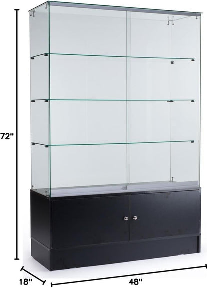 48 Inch Glass Display Cabinet with 3 Glass Shelves, Separate Storage Area in Base, Sliding Doors (Black)