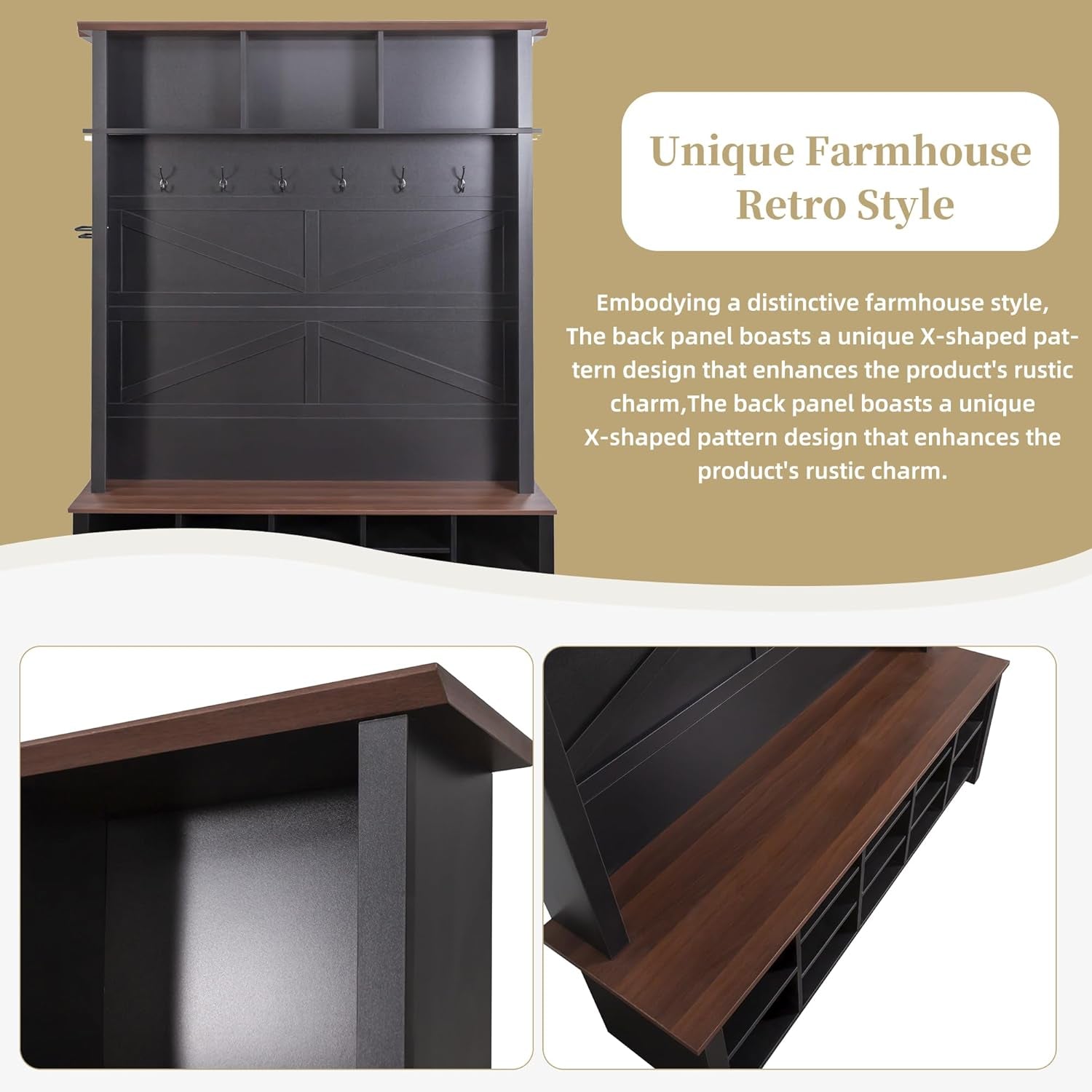 Wood Rustic Hall Tree Entryway Bench with 6 Hooks and Adjustable Shelves, Farmhouse Mudroom Versatile Coat Racks with 16 Open Compartments, Entrance Organizer for Hallway Black