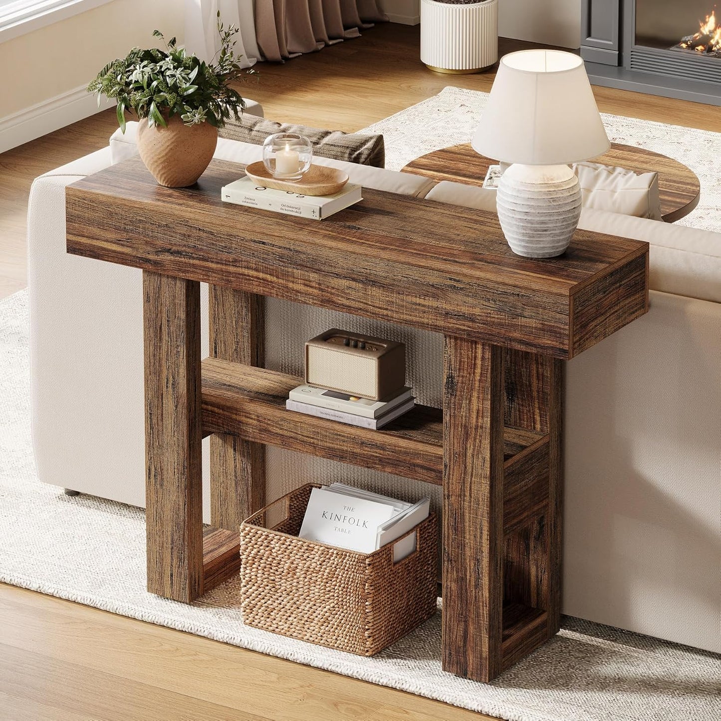 41.34-Inch Farmhouse Console Table, 2-Tier Narrow Sofa Table behind the Couch, Entryway Furniture with Storage Shelves for Hallway Foyer Living Room, Rustic Brown