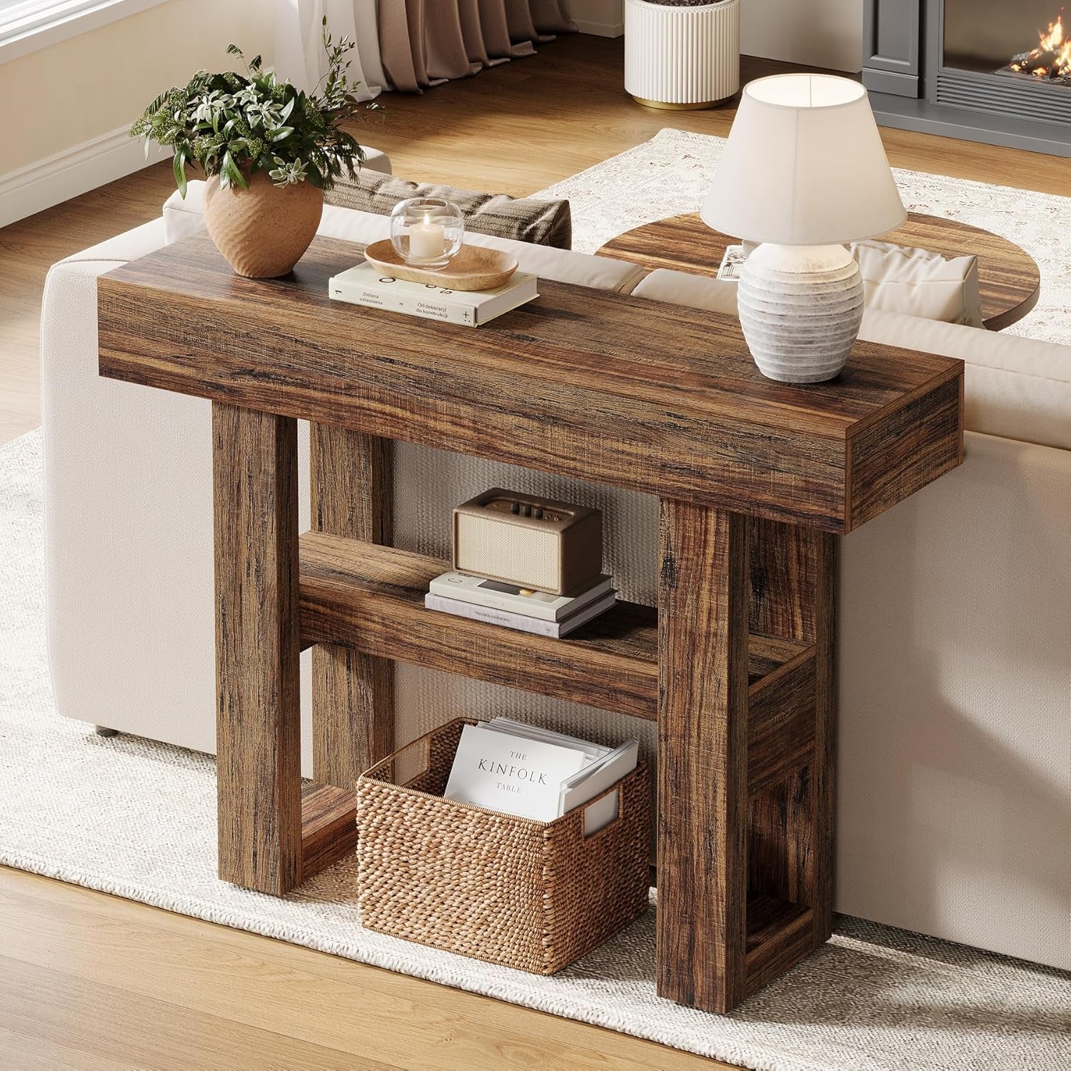 41.34-Inch Farmhouse Console Table, 2-Tier Narrow Sofa Table behind the Couch, Entryway Furniture with Storage Shelves for Hallway Foyer Living Room, Rustic Brown