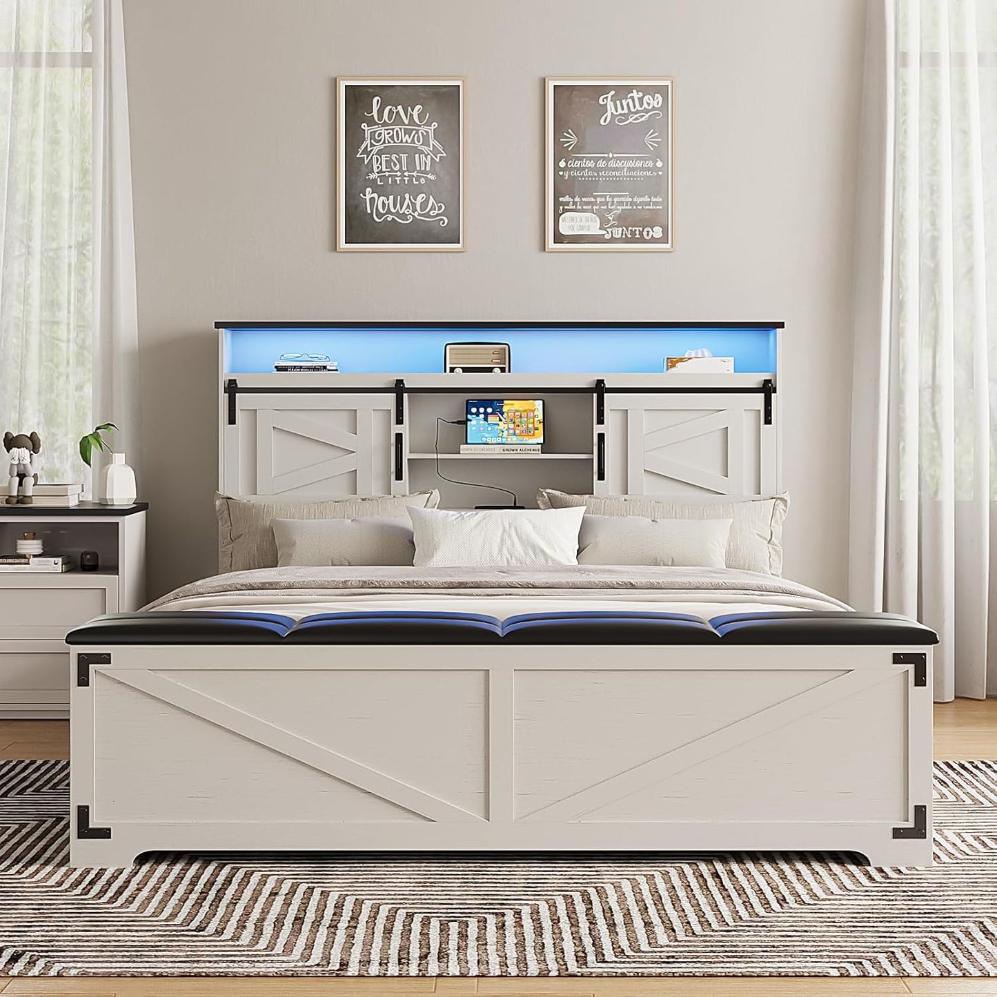 Farmhouse Queen Size Bed Frame with Headboard and Storage Ottoman, Sliding Barn Door & 4 Drawers, LED Lights and Charging Station, No Box Spring Needed, Antique White