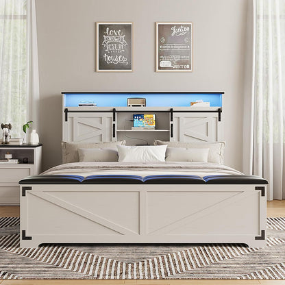 Farmhouse Queen Size Bed Frame with Headboard and Storage Ottoman, Sliding Barn Door & 4 Drawers, LED Lights and Charging Station, No Box Spring Needed, Antique White