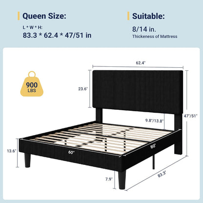 Queen Size Upholstered Bed Frame with Vertical Channel Tufted Headboard, Soft Corduroy Fabric Platform Bed, Strong Wooden Slats Support, Easy Assembly, No Box Spring Needed, Dark Green
