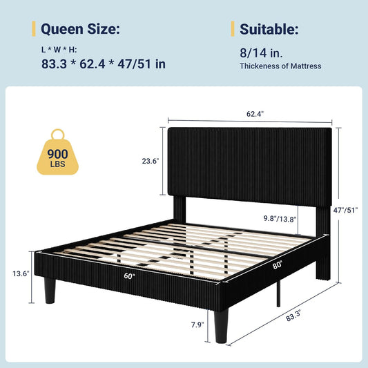 Queen Size Upholstered Bed Frame with Vertical Channel Tufted Headboard, Soft Corduroy Fabric Platform Bed, Strong Wooden Slats Support, Easy Assembly, No Box Spring Needed, Black