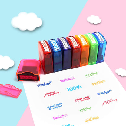 8PCS Teacher Stamp Set,Colorful Self-Inking Motivational Classroom Stamper for Grading,Encouraging Rating Stamp Student,Parent Signature Stamps for Homework,School Homeschool Reward Supplies