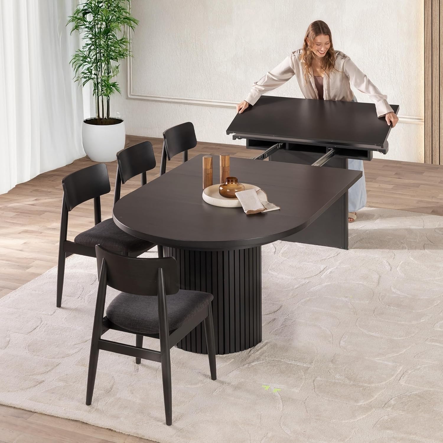 Transformer round Extendable Dining Set – Solid Wood Expandable Table with 4 Chairs, Space-Saving Kitchen & Dining Room Furniture (Black, Table + 4 Chairs)