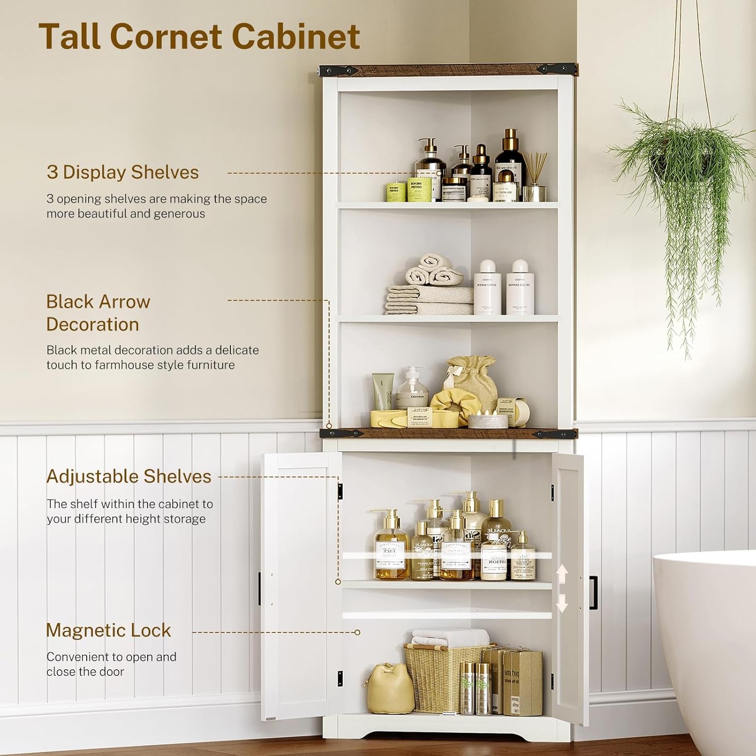 Farmhouse Corner Cabinet, 70" H Tall Corner Hutch with 5 Shelves & 2 Barn Doors, Bathroom Cabinet with Adjustable Shelf, for Living Room, Kitchen, Bathroom, White