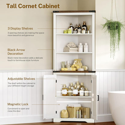 Farmhouse Corner Cabinet, 70" H Tall Corner Hutch with 5 Shelves & 2 Barn Doors, Bathroom Cabinet with Adjustable Shelf, for Living Room, Kitchen, Bathroom, White