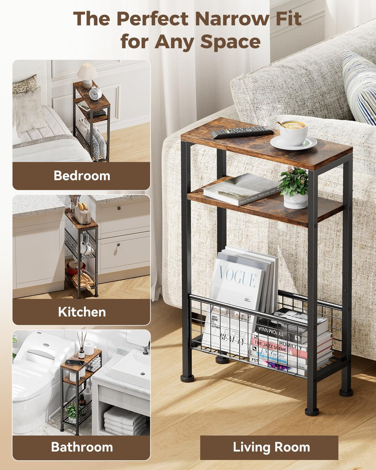 Narrow Side Table, Skinny End Table for Small Spaces with Storage, 3-Tier Slim Wooden Bedside Nightstand Thin Couch Table for Living Room Bedroom Office Dorm Kitchen Bathroom (Rustic Brown)