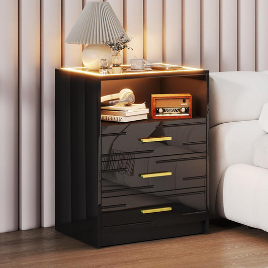 LED Bedside Table with Charging Station, High Gloss Nightstand with 3 Drawers, 3 Color Dimmable Light Modern Smart Night Stand with USB Type-C Port Bedroom Black