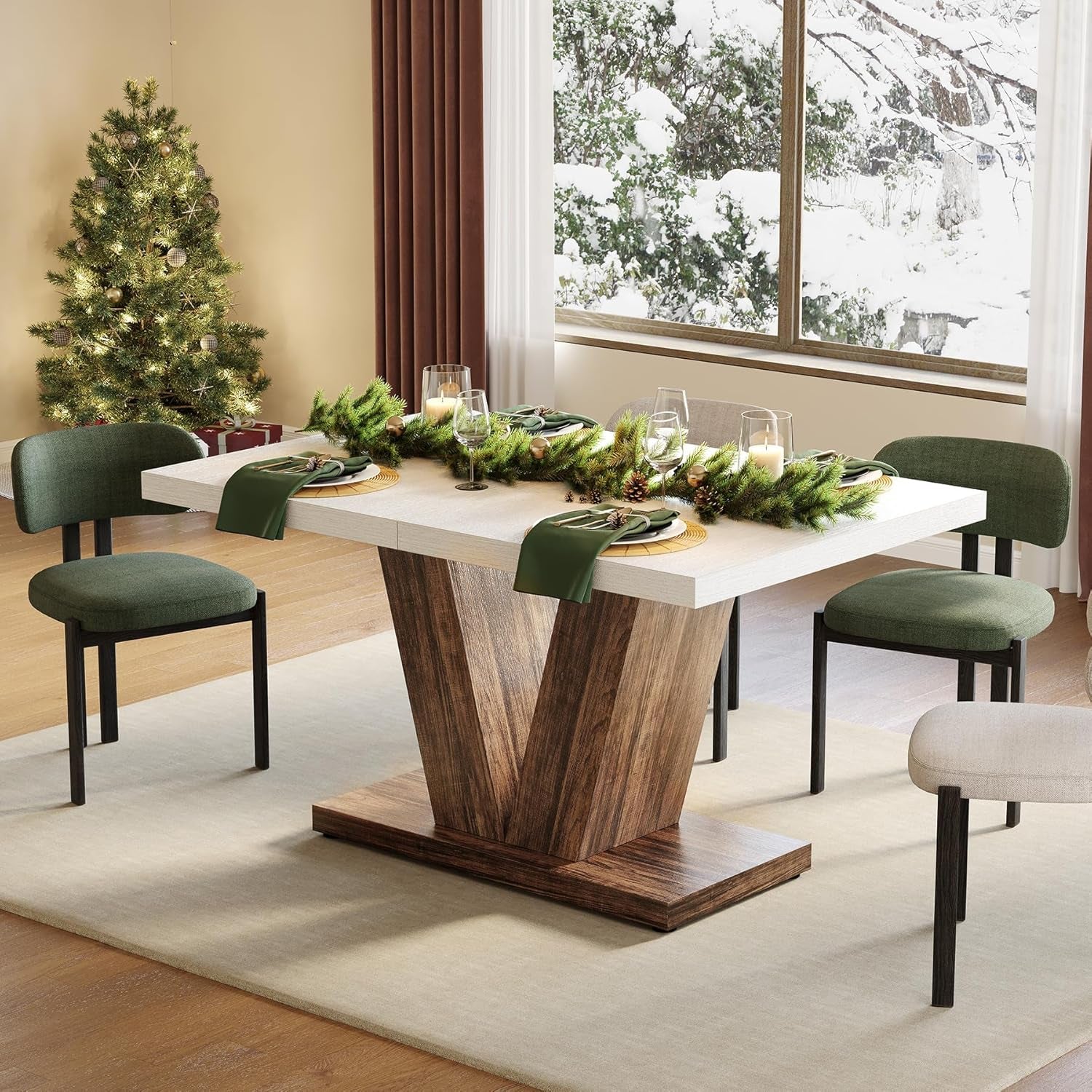 47 Inches Dining Table for 4, Modern Dining Room Tables, Rectangle Kitchen Table with V-Shaped Pedestal, Wooden Dinner Table for Dining Room, Living Room (Rustic Brown & Carbon Black)