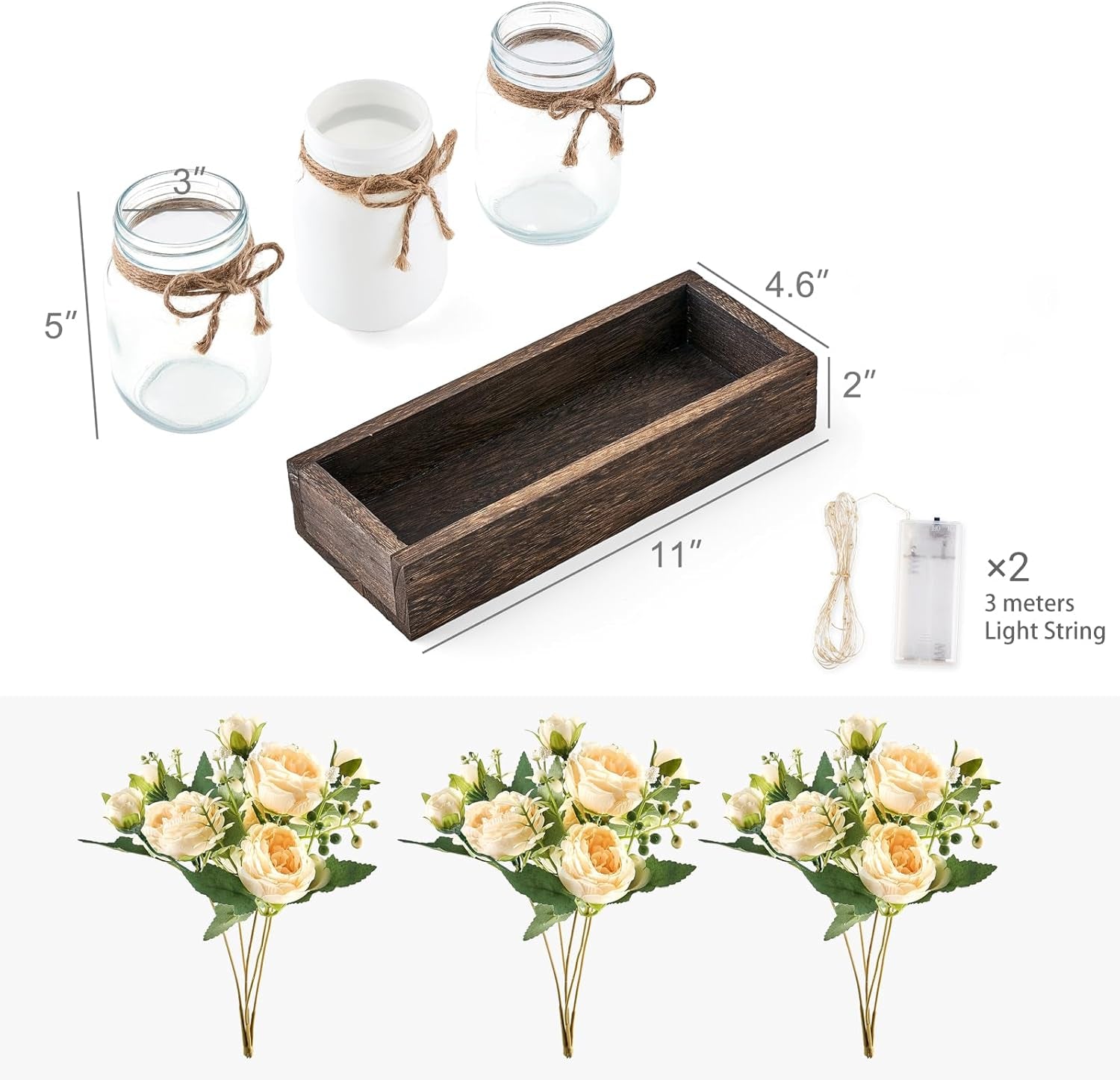Mason Jar Lights Centerpiece Table Decor for Dining Room Farmhouse Wood Tray with 3 Jars Flowers Center Pieces Spring Decor for Coffee Table Kitchen Living Room, Grey Blue