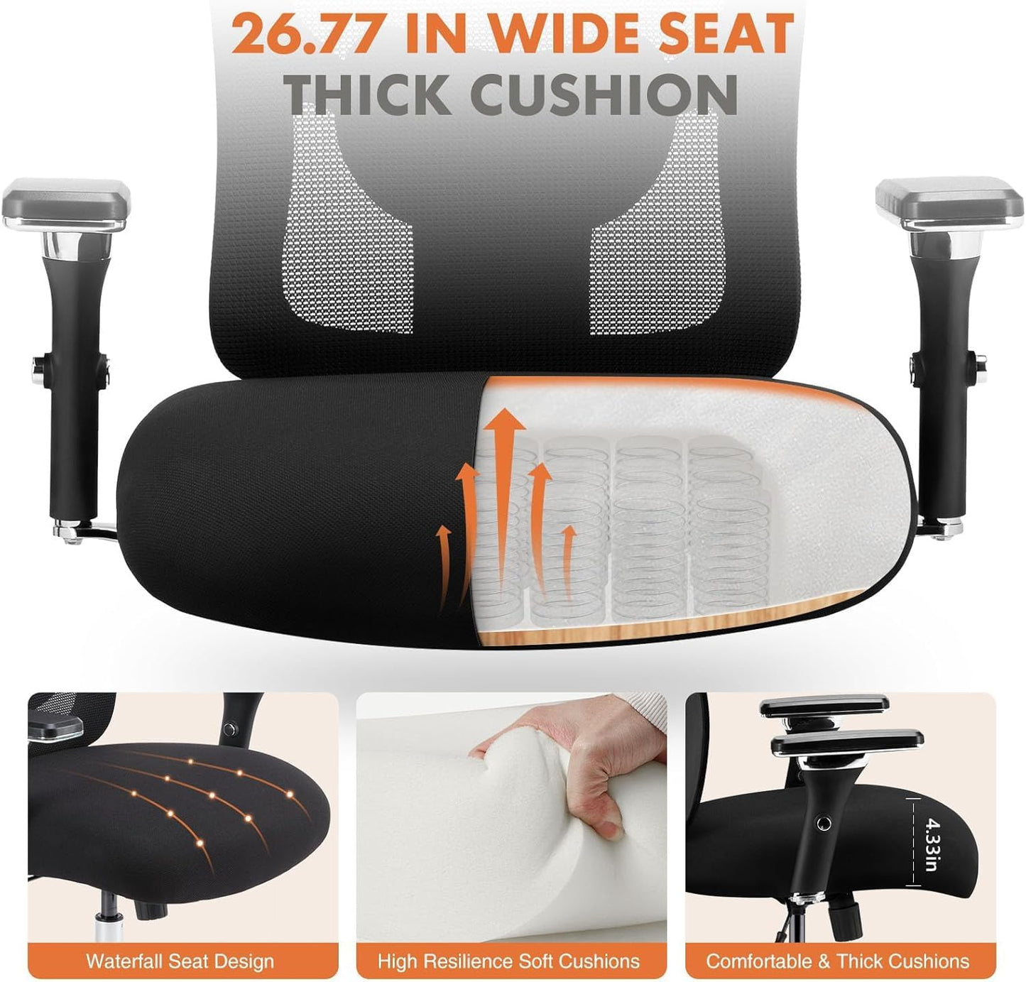 Big and Tall Office Desk Chair with Lumbar Support, 500Lbs Heavy Duty Mesh Ergonomic Computer Chair with 4D Armrest and Wide Comfy Seat, Wheels for Adult