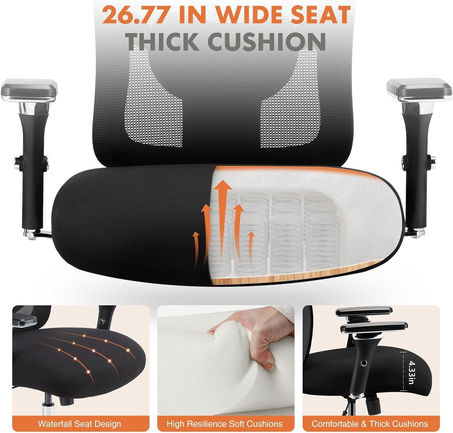 Big and Tall Office Desk Chair with Lumbar Support, 500Lbs Heavy Duty Mesh Ergonomic Computer Chair with 4D Armrest and Wide Comfy Seat, Wheels for Adult