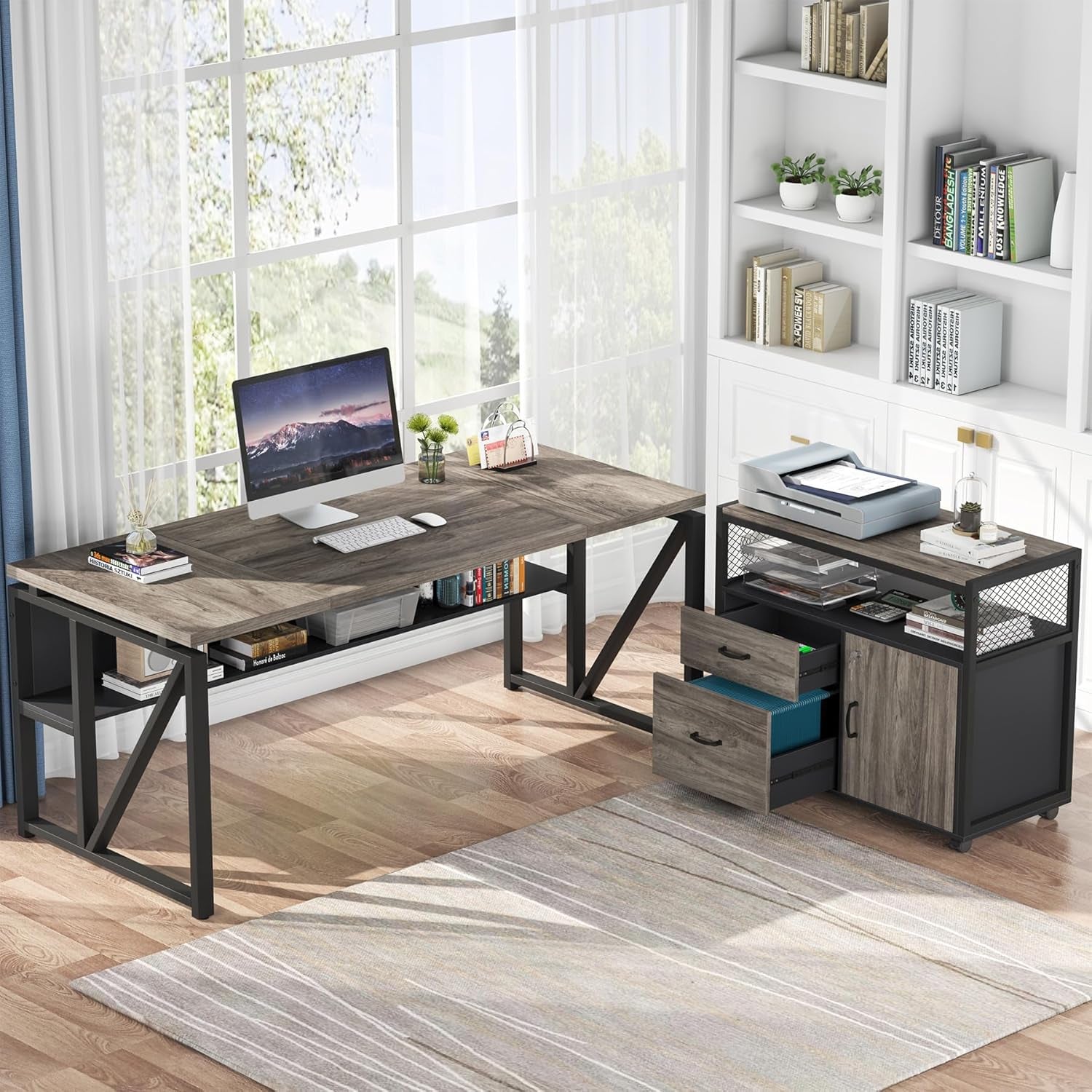 L Shaped Desk with Drawer Cabinet, 63" Executive Computer Desk and Lateral File Cabinet, 2 Piece Home Office Furniture with Drawers for Hanging File, Doors with Locks (Gray, 63 Inches)