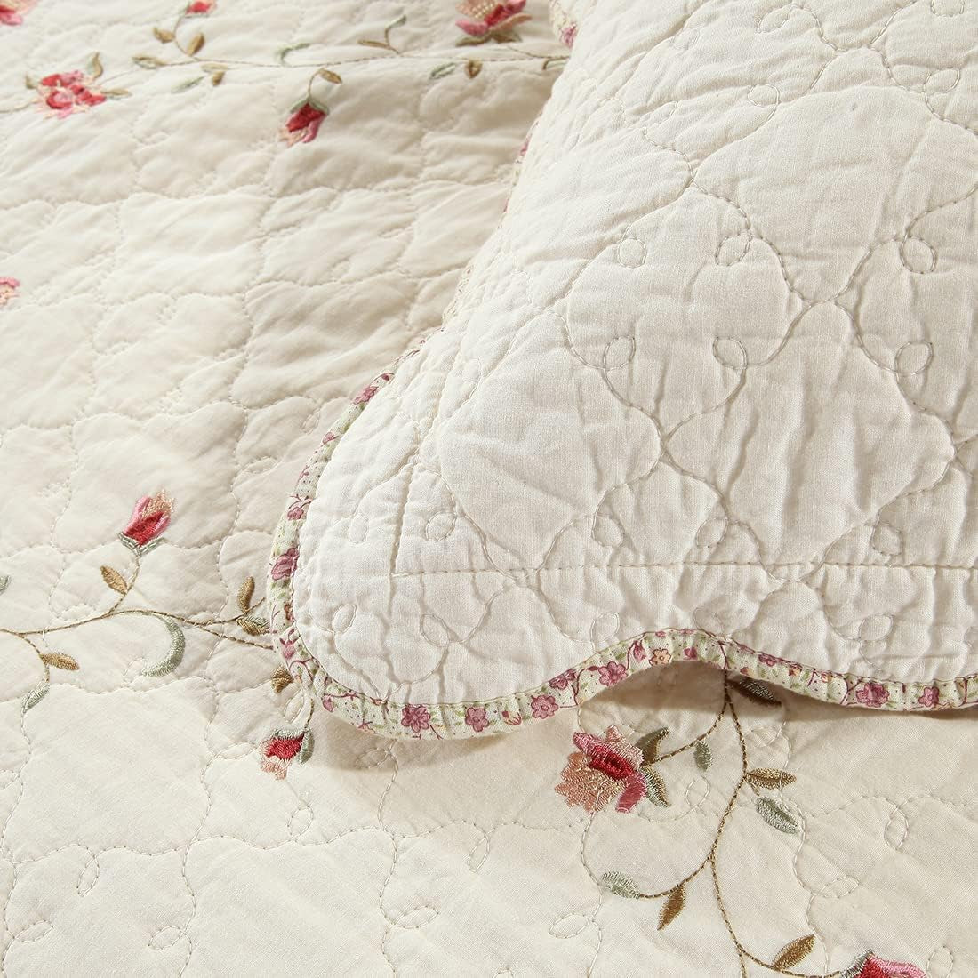 2-Piece Elegant Floral Embroidered Pillow Shams King Size 100% Cotton Quilted Decorative Pillow Shams Set (Cream,20"X36")