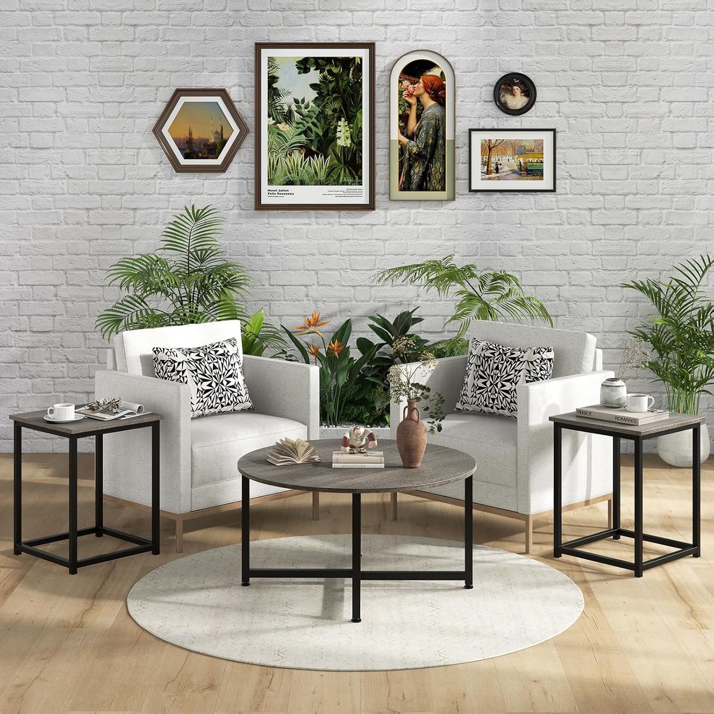 round Nesting Table Set of 3, Farmhouse Coffee Table W/2 End Tables, Sturdy Metal Frame, 3-Piece Wooden Living Room Table Set for Home Office, Apartment (Black Oak)