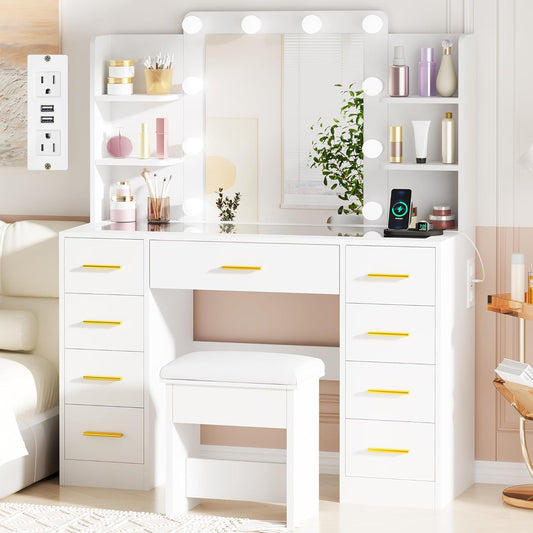 Makeup Vanity Desk with Mirror and Lights White Vanity Table with Glass Top Power Outlet Stool,Makeup Desk with 9 Drawers and 4 Storage Shelves,Dressing Table for Bedroom Women FST39W
