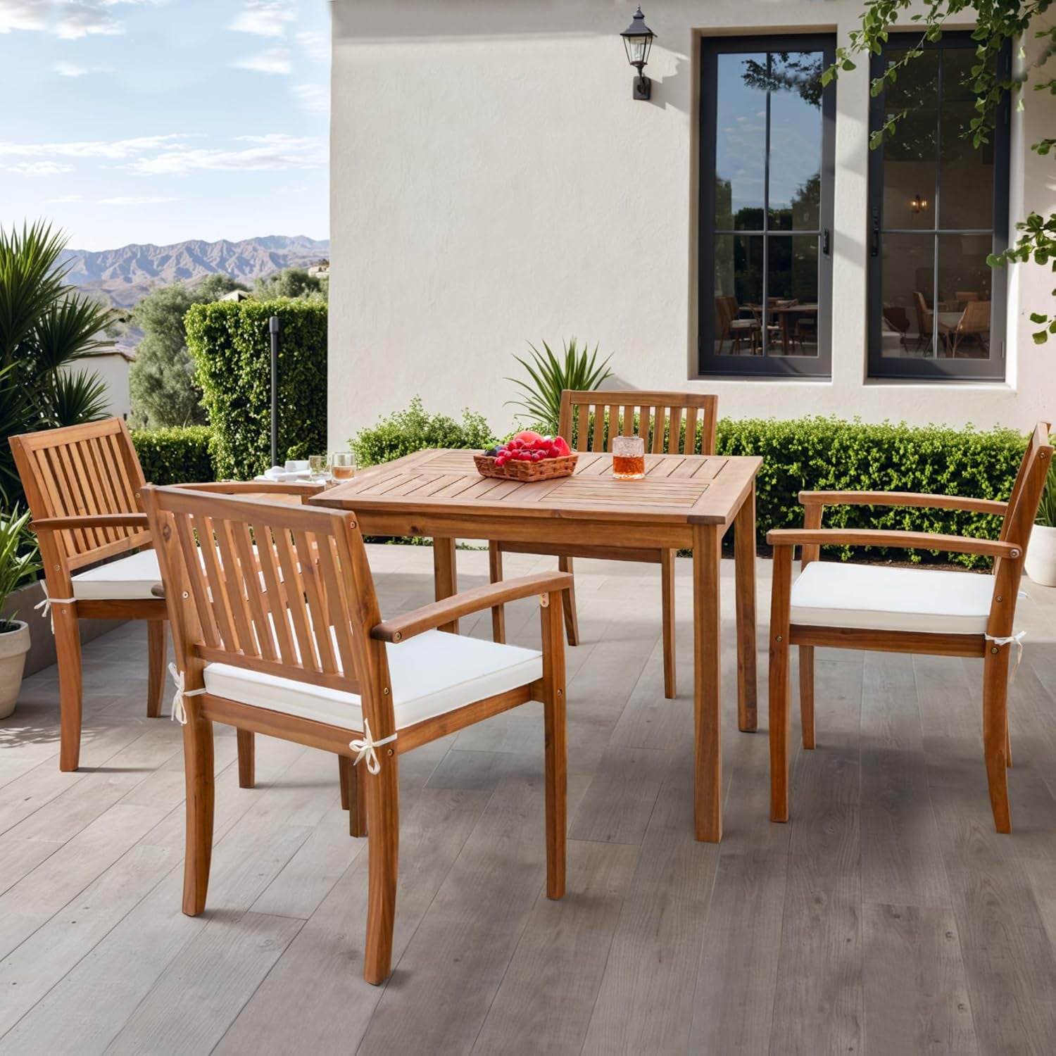5 Piece Outdoor Dining Set Acacia Wood Patio Table and Chairs with Soft Cushions Patio Furniture for Deck, Backyard, Garden