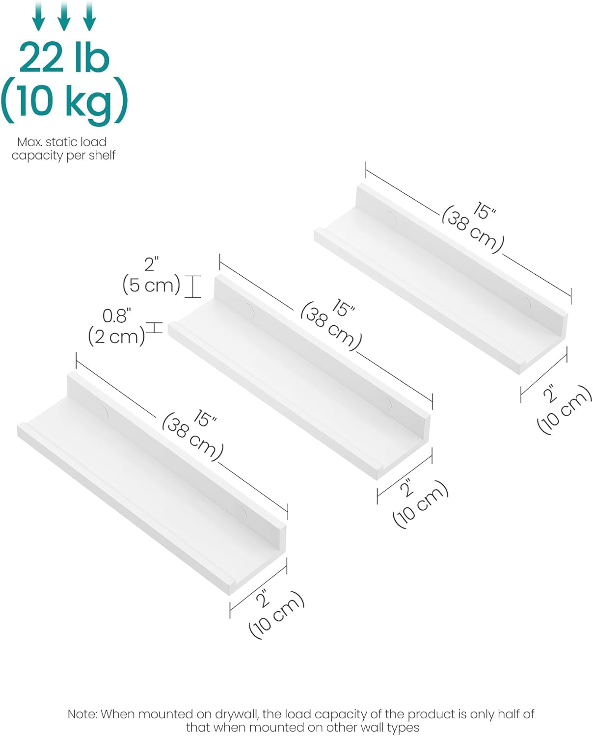 Floating Shelves, Set of 3 Wall Shelves, 15-Inch Wide, for Photo Frames and Trinkets, for Living Room, Home Office, Kitchen, Bathroom, White ULWS38WT