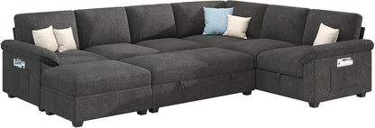 105" Sofa Bed, Sectional Sleeper Sofa with Pull Out Bed/Reclining Backrest, Sleeper Couch Bed with Storage, 6 Seater Couch Bed for Living Room, Chenille Dark Gray