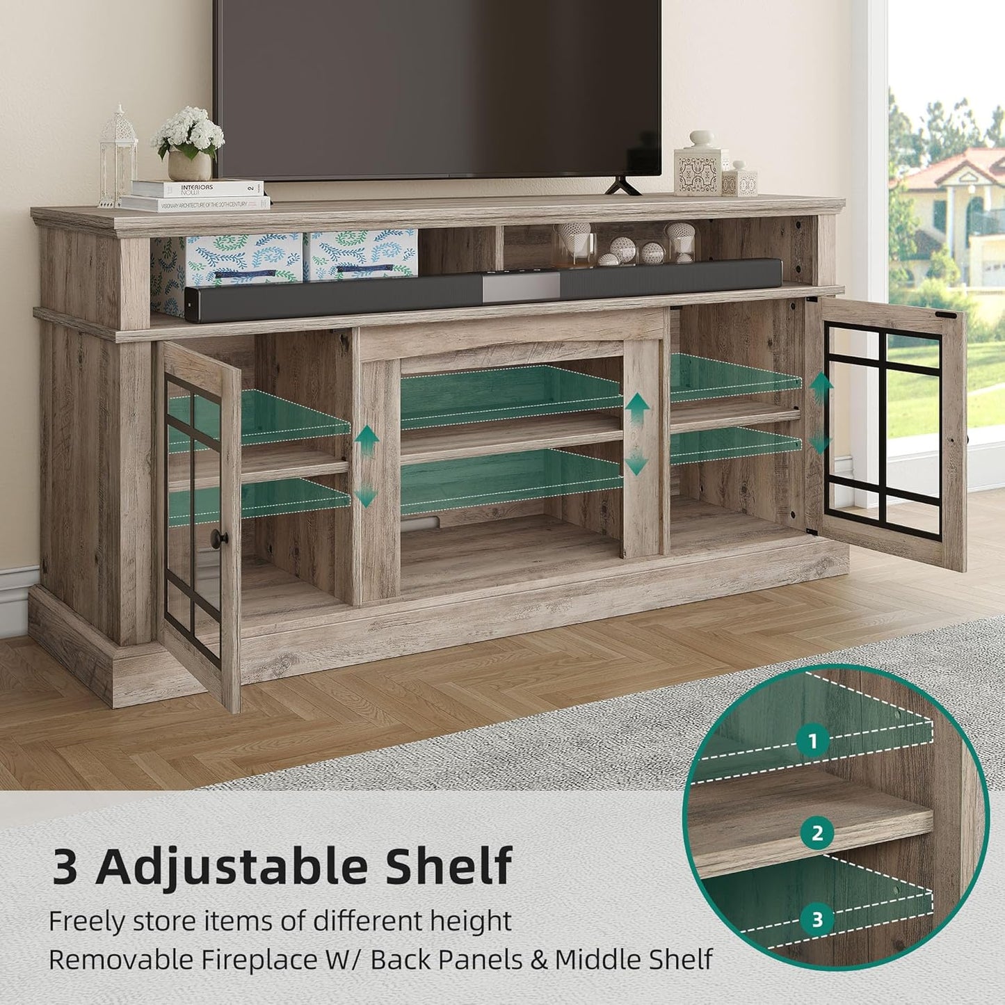 Modern TV Stand for 75 Inch TV, LED Entertainment Center with Adjustable Shelves and Glass Doors, 32'' Tall Television Stands TV Media Console Table for Living Room, Pine Grey