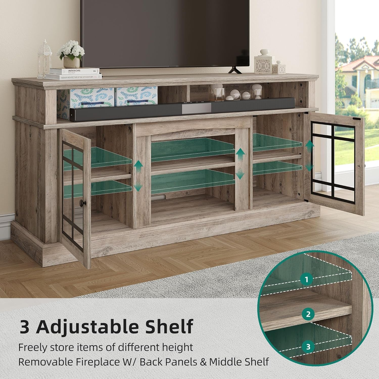 Modern TV Stand for 75 Inch TV, LED Entertainment Center with Adjustable Shelves and Glass Doors, 32'' Tall Television Stands TV Media Console Table for Living Room, Pine Grey