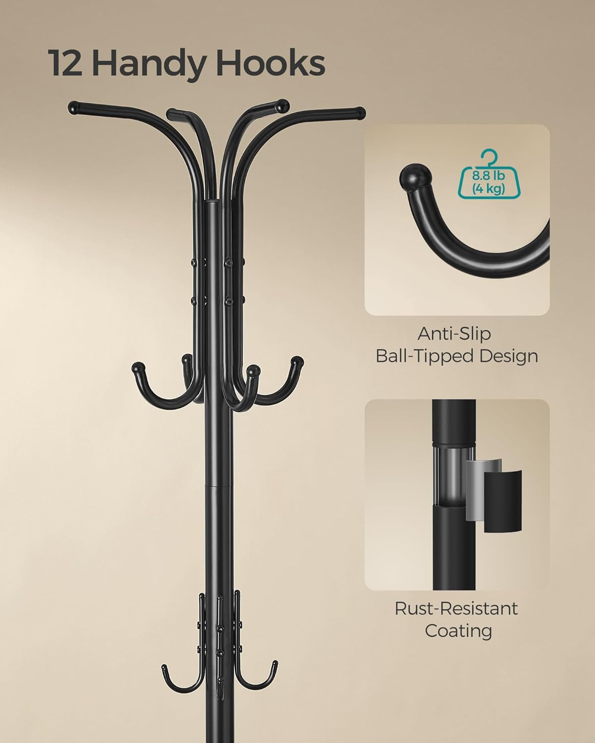 Coat Rack Freestanding, Coat Rack with Umbrella Holder with 12 Hooks, for Entryway, Hallway, Living Room, Bedroom, Ink Black URCR011B01
