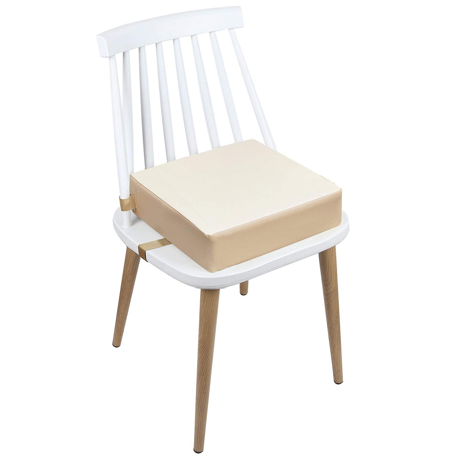 Toddler Booster Seat Dining, Washable 2 Straps Safety Buckle Kids Booster Seat for Dining Table, Portable Travel Increasing Cushion (Beige-Pu)