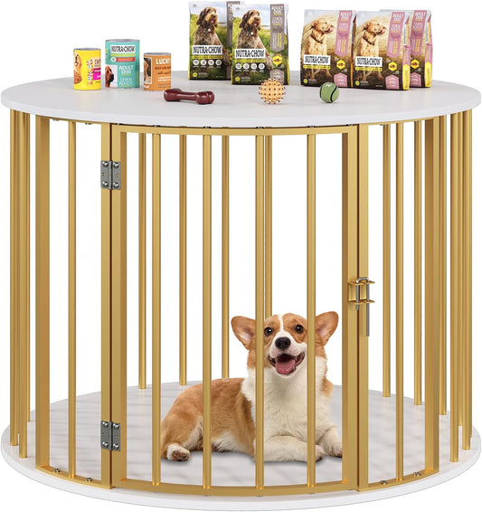32 Inch Dog Crate Furniture for Large Medium Dogs, Wooden Dog Kennel Indoor Decorative Pet House Side End Table, round Dog Cage, White and Gold
