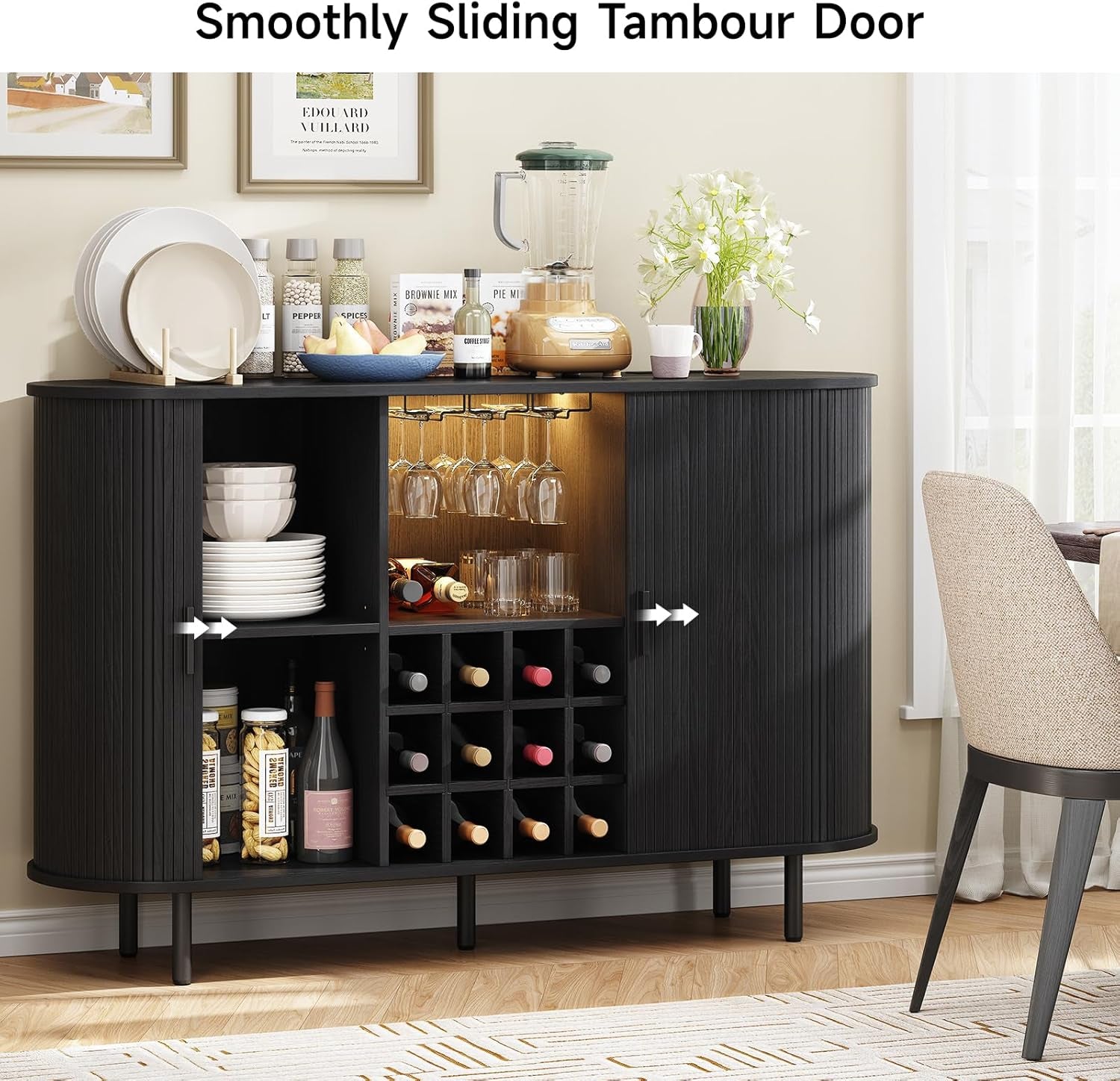 55" Wine Bar Cabinet with LED Light,Modern Liquor Whiskey Coffee Station with Wine Rack and Glass Holder, Farmhouse Buffet Sideboard with Storage for Living Room, Kitchen, Entryway (Black)